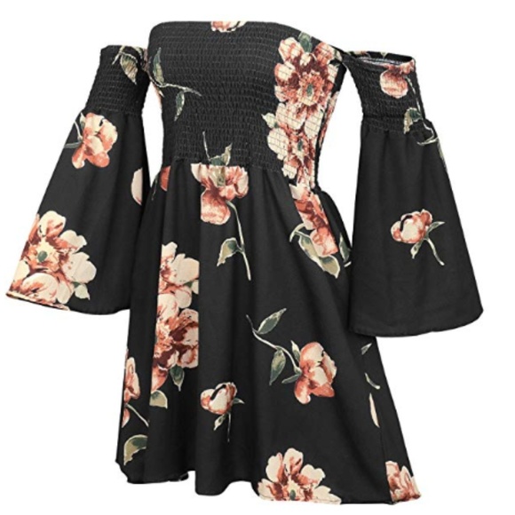 Women's Floral Long Sleeve Off Shoulder Mini Dress - Picture 3 of 4